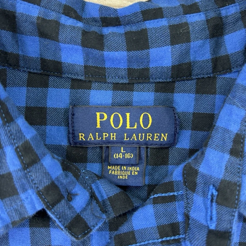 Polo‎ Ralph Lauren Youth Large 14-16 Blue Checkered Button Down Camp Pockets
